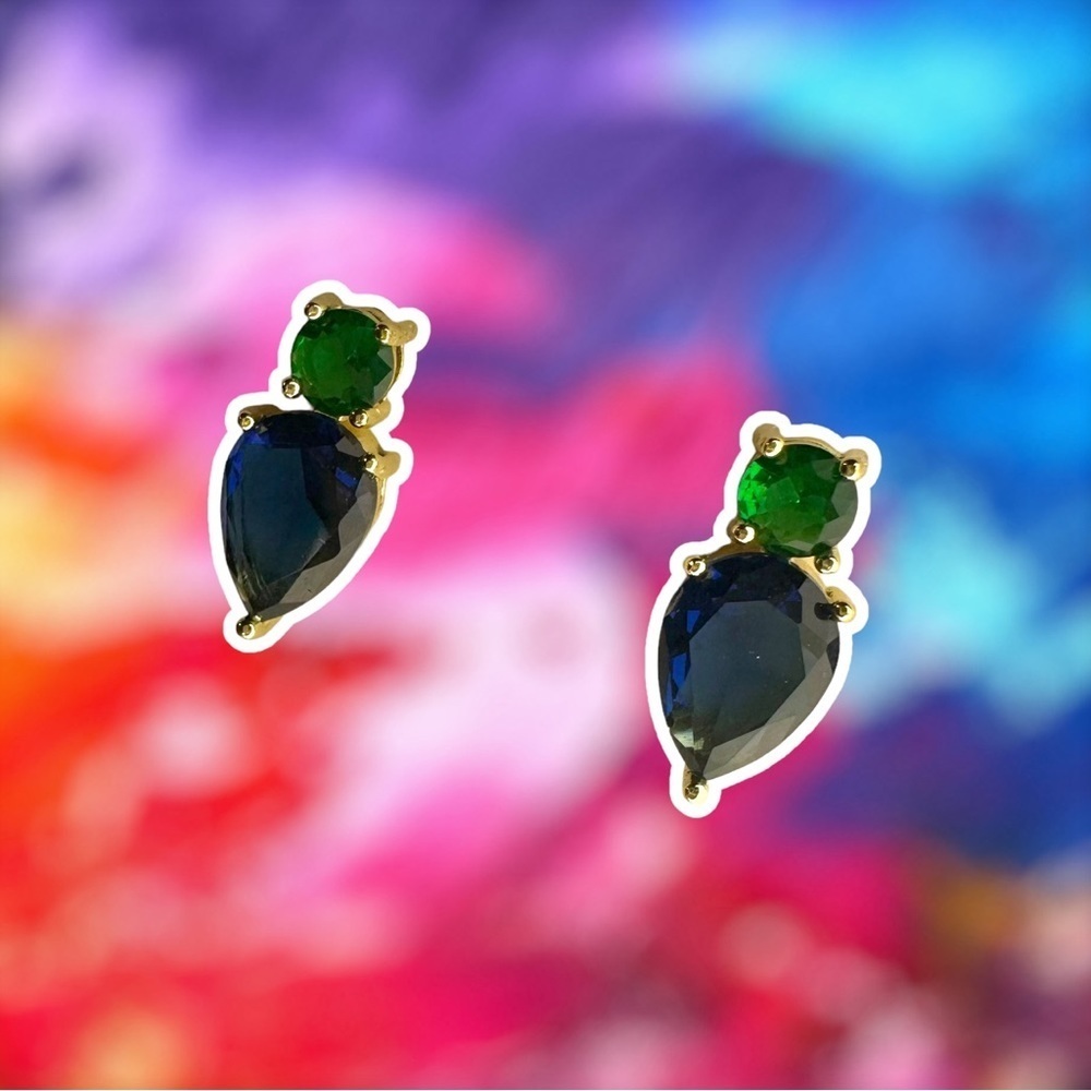 NEW Green & Blue Crystal CZ Goldtone Teardrop Stud Earrings - Picture 8 of 15